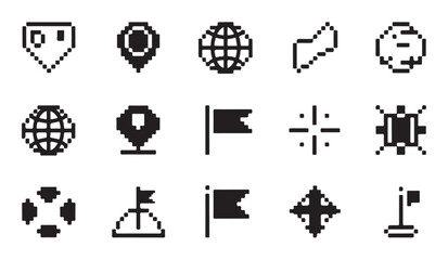 Set of pixel art location pins, world map and flag icons for navigation applications. © parul