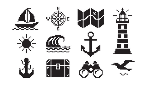 Maritime adventure pixel art set including sailing ship lighthouse anchor and sea motifs.