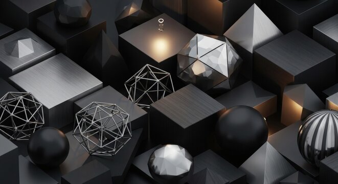 Abstract dark geometric background with modern matte black and metallic shapes. Cubes, spheres, polyhedra create a sophisticated high-tech visual texture with dynamic light reflections