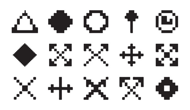 Set of pixel art geometric shapes and directional arrows for user interface design.