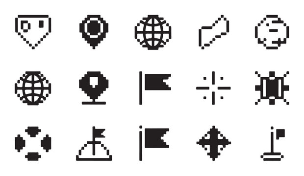 Set of pixel art location pins, world map and flag icons for navigation applications.