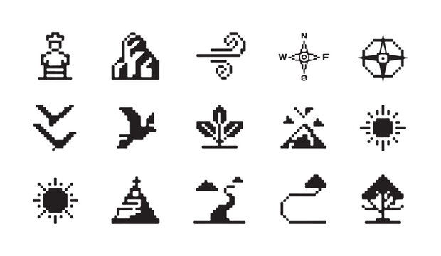 Set of pixel art nature icons including human figure, mountains, sun, and trees.