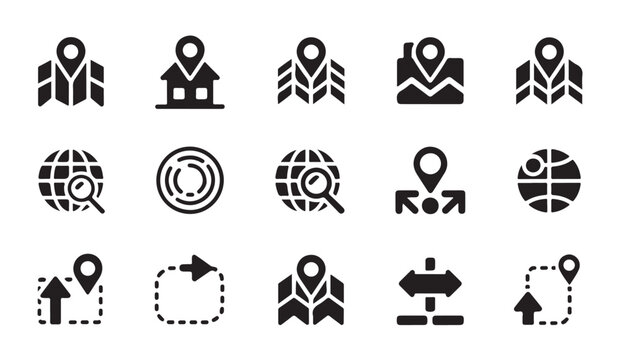 Location pin map icons collection featuring folded maps house markers and navigation paths.