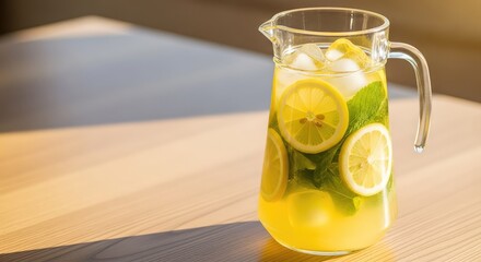 Fototapeta premium A tall glass pitcher filled with cold lemonade, ice cubes, vibrant yellow lemon slices, and fresh green mint leaves on a sunlit table, mint, cooling, table
