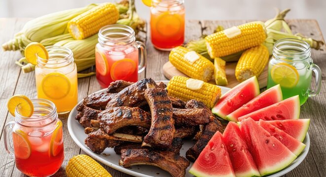 A rustic wooden table overflowing with savory grilled ribs, sweet watermelon wedges, roasted corn on the cob, and colorful summer drinks, rustic, texture, corn