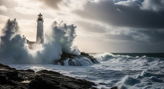 A tall white lighthouse stands firmly on a jagged rocky island as massive dark ocean waves crash violently against the shore during a storm, scenery, blue, rocks