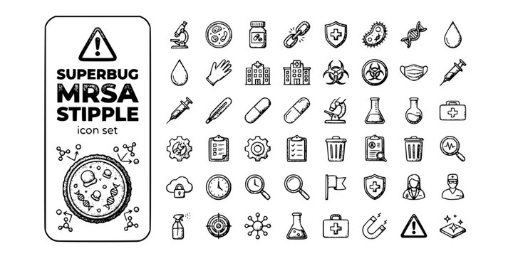 Superbug MRSA Stipple Black White-Cellular Structure Resistant Membrane-Antimicrobial Vector-MRSA Icon Stipple-Hospital Quality Design Set