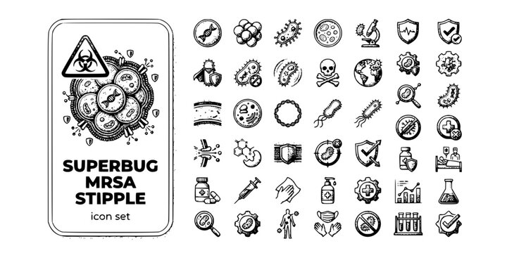 Superbug MRSA Stipple Black White-Cellular Structure Resistant Membrane-Antimicrobial Vector-MRSA Icon Stipple-Hospital Quality Design Set