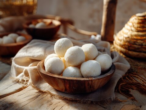 Traditional Kazakh Qurt Cheese Balls in Wooden Bowl with Tea and Baursaks