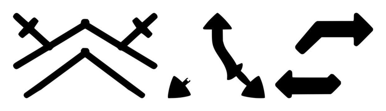 Solid black icon, white background: git branch merge arrow set with simple line art design featuring simple design, minimalist, black and white with illustrations and graphics