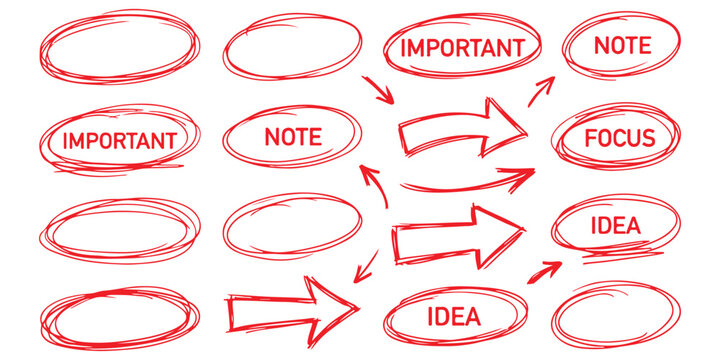 Set of hand drawn red circles and arrows for marking text and highlighting important notes Vector, illustration