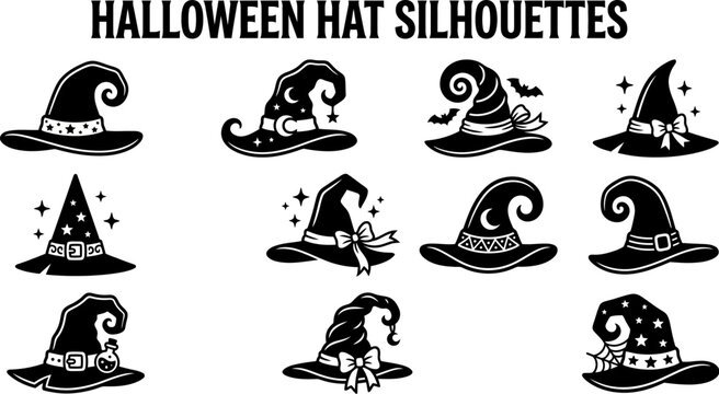 Collection of various witch hats for Halloween designs and decorations