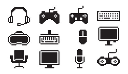 Pixel art gaming equipment icons set. gamepad, headset, vr glasses, computer keyboard, mouse, monitor. © MD