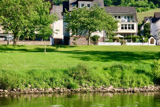 A scenic bend of the Moselle River winds through the green valley near Cochem in Germany. Beautiful natural surroundings and calm water create an unforgettable view.