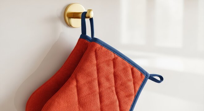 Close-up view of textured fabric oven mitts dangling from a polished brass hook mounted on a clean kitchen wall in a home setting, culinary, textile, decor