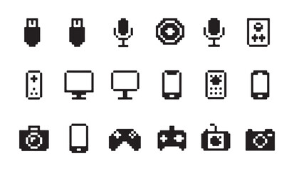 Pixel art electronic devices icons set. usb, microphone, monitor, smartphone, camera, gamepad. © MD