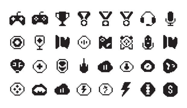Pixel art gaming icons collection set featuring various digital trophies and game symbols.