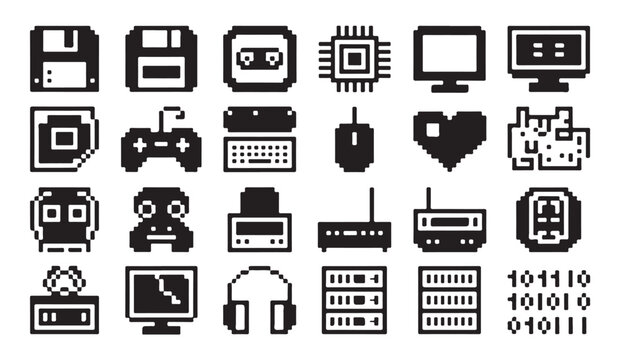 Pixel art technology icons set including processor monitor controller and binary code.