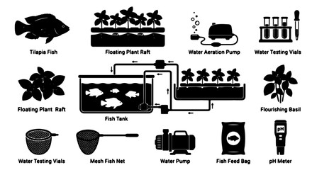 Aquaculture System Icons: Tilapia Fish, Floating Rafts, Water Pump, Aeration, pH Meter, Feed Bag, Test Vials, Mesh Nets, Flourishing Reef © Zubaraj
