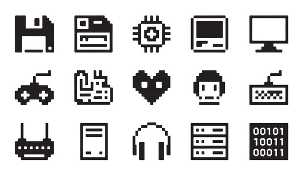 Pixel art digital technology hardware and computing icons set for website design assets.