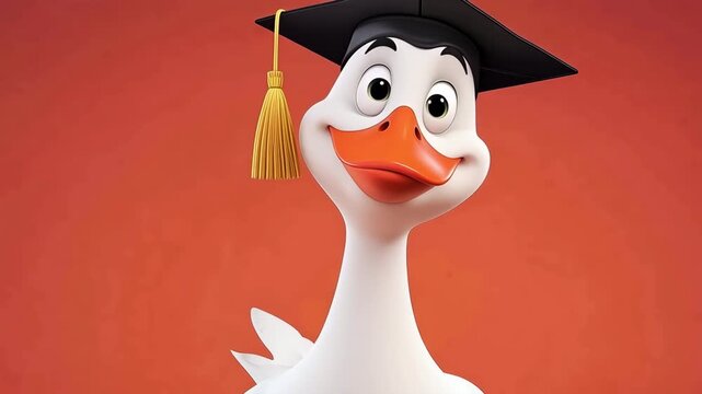 Happy cartoon goose wearing a mortarboard, symbolizing learning and academic success