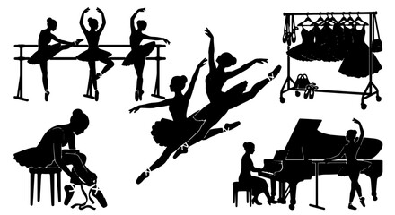 Ballet Dancer Silhouettes, Elegant Poses and Rehearsal Scenes, Vector Graphics Collection for Performance and Art © Zubaraj