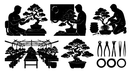 Obraz premium Bonsai Tree Cultivation Set, Miniature Tree Artistry, Gardener Pruning & Styling Tools, Greenhouse Nursery Collection, Black & White Vector Graphics