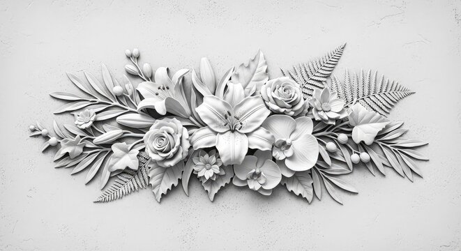Elegant bas relief floral panel featuring intricate white flowers and leaves sculpted on a monochrome textured background for home decor, nature, botanical, monochrome