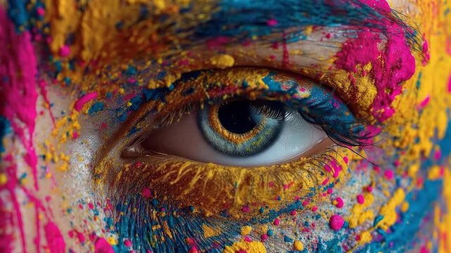 Human eye covered in colorful powder paint, showing a creative and artistic expression