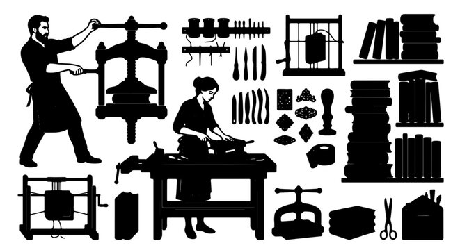 Vintage Printing Press Tools and Books, Artisan Craftsmanship, Historical Bookbinding Equipment, Silhouette Vector Set
