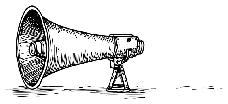 Large vintage megaphone on a metal stand for public announcements in hand drawn engraving style