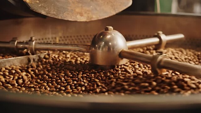 Closeup of coffee beans tumbling in a roaster during the roasting process.