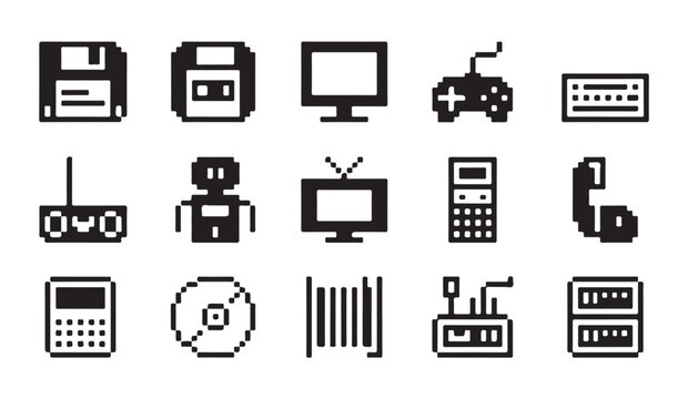 Black and white pixel icons set on a white background design for web or game.