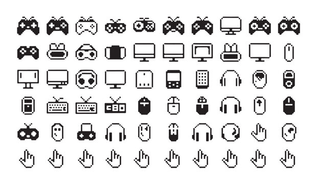 Pixel art game controller and technology icons on a white background vector illustration.