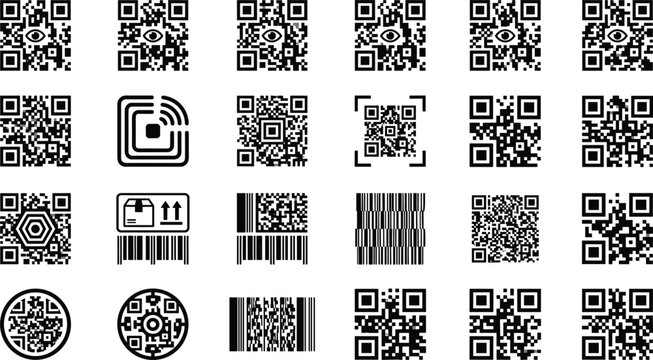 Black QR Code and Barcode Icon Set Featuring Digital Scan Matrix, RFID Signals, and Logistics Product Tracking Symbols for Technology, Security, and Retail Designs