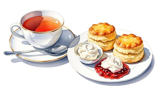 Elegant watercolor painting featuring golden scones served with thick clotted cream and red jam beside a warm cup of herbal tea on a table, watercolor, warm, pastry