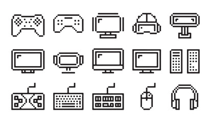 Pixel art videogame icons set controller computer screen keyboard mouse headset. © MD