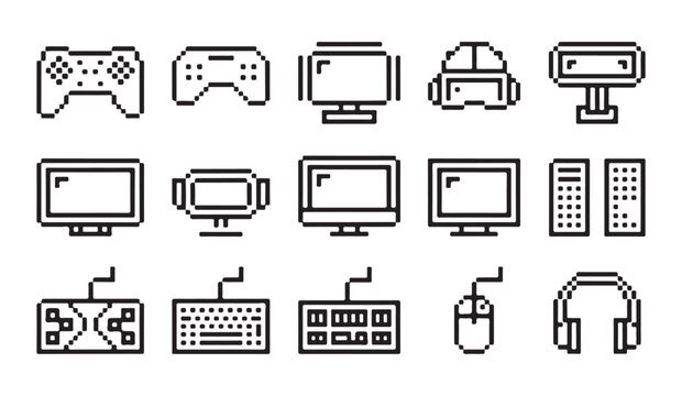 Pixel art videogame icons set controller computer screen keyboard mouse headset.