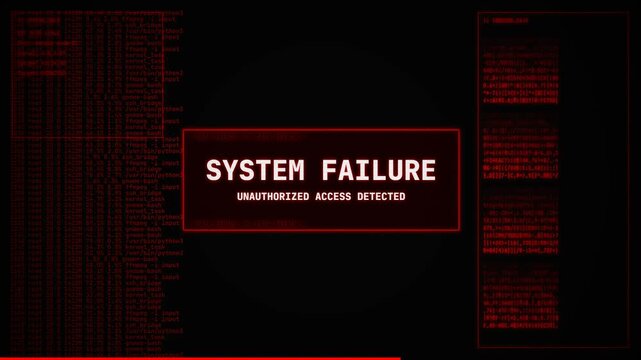 System Failure Warning Screen with Red Code Overlay and Terminal Interface, Cyber Security Breach Background for Motion Graphics and Video Editing, 4K Footage
