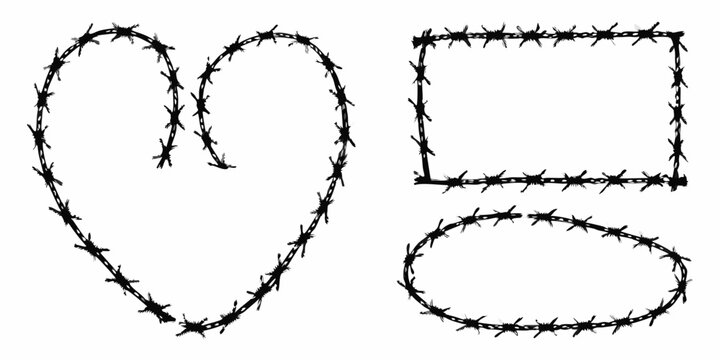 barbed wire shapes heart square and oval on white background