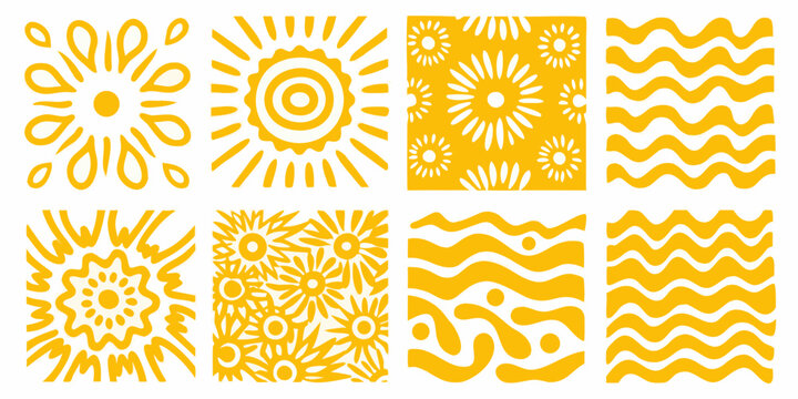 yellow floral and wave vector patterns on white background