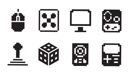 Digital technology and gaming pixel art icons collection featuring electronic devices set. © MD