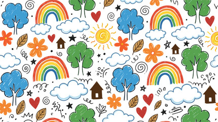 Fototapeta premium Cute Kids Doodle Seamless Pattern Vector Background with Rainbows Trees Clouds Sun Hearts and Small Houses Illustrations