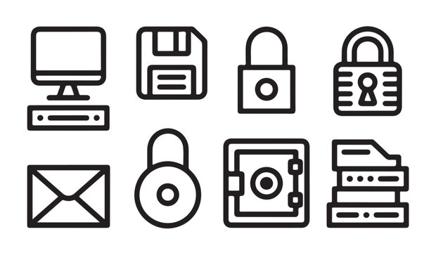 Security and office icons in outline style featuring locks floppy disk and safe box icons.