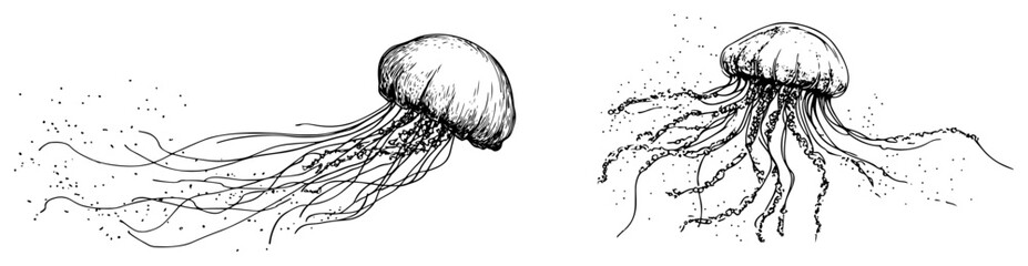 Jellyfish swimming in deep ocean water in detailed engraving style © Kaz