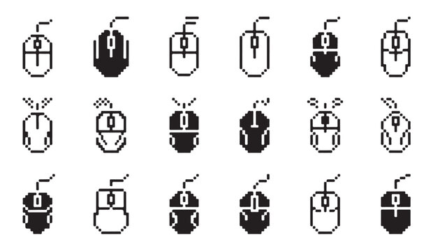 Pixel art computer mouse vector icon set, simple outline cursor and filled mouse.