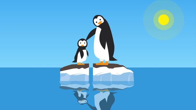 global warming adult and baby penguins on melting ice floe iceberg in ocean moition graphics animation video footage
