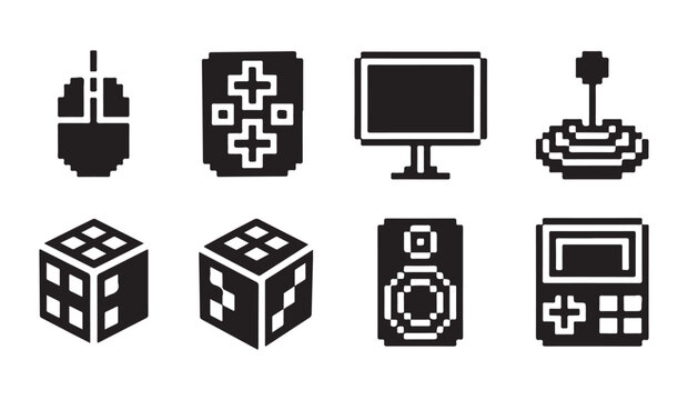 Set of pixel art icons representing computer hardware and gaming control accessories.
