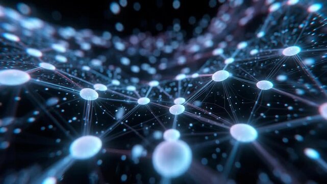 Glowing interconnected nodes forming digital network on dark background, concept of data connectivity and communication