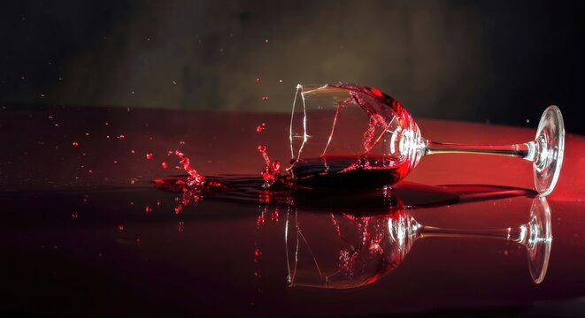 Red wine spills from shattered glass creating elegant splashes on a table